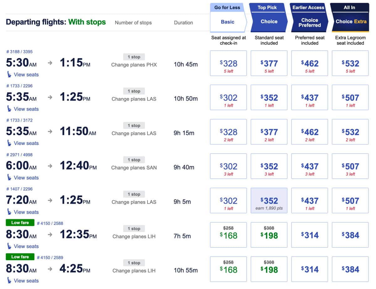 Southwest Website Screenshot - OAK to HNL Lowest Fares on Connecting Flights