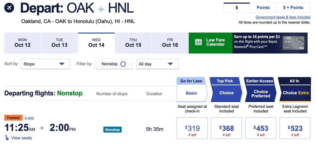 Southwest Website Screenshot - OAK to HNL Nonstop flight price