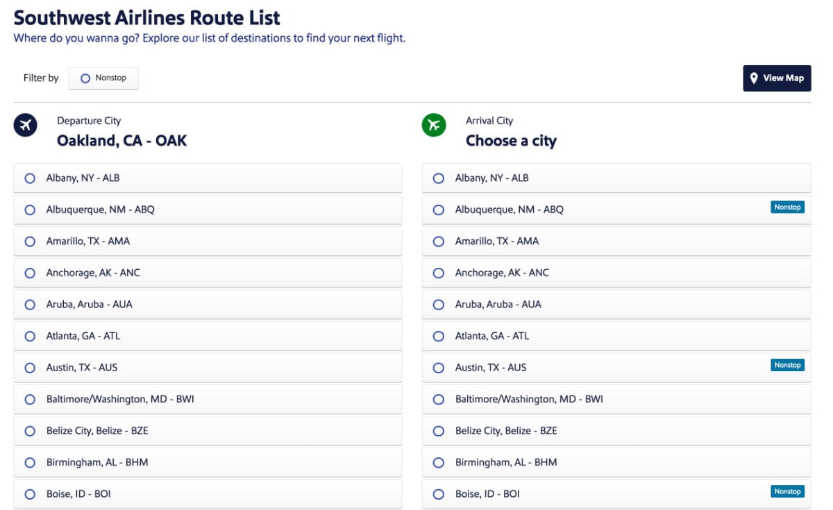 Southwest Website Screenshot - Route List