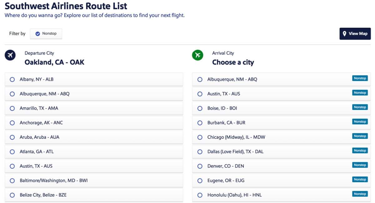 Southwest Website Screenshot - Route Map List Nonstop Flights Only