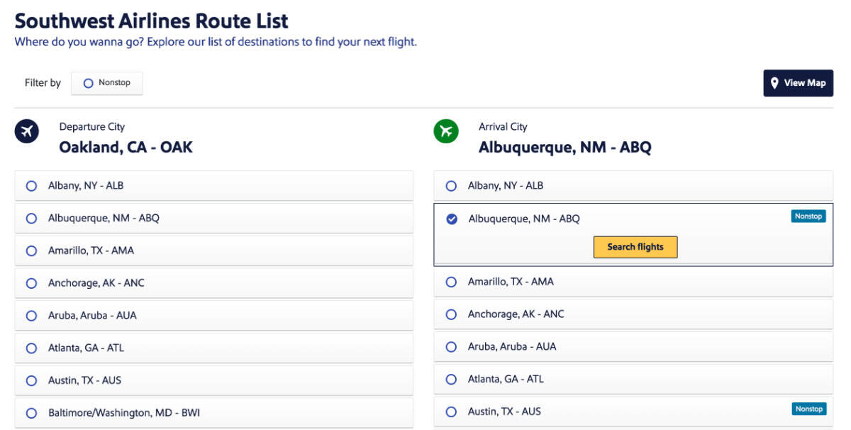 Southwest Website Screenshot - Route Map List to Launch Low Fare Calendar